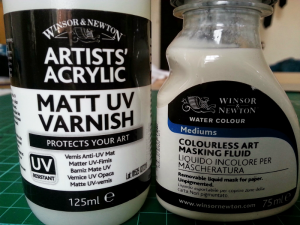 Artists varnish and masking fluid, to be tested as potential chemigram resists.