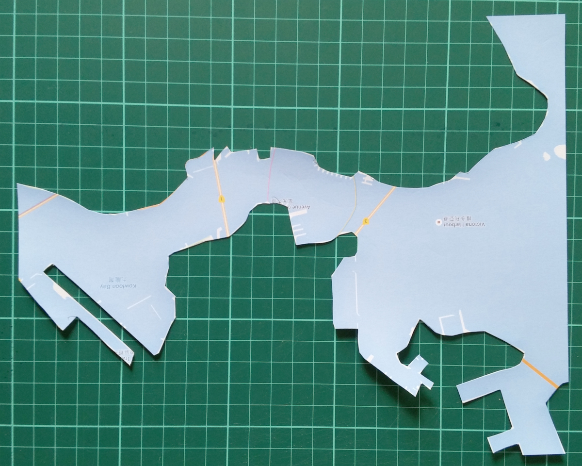 Printed map outline after cutting away the land mass