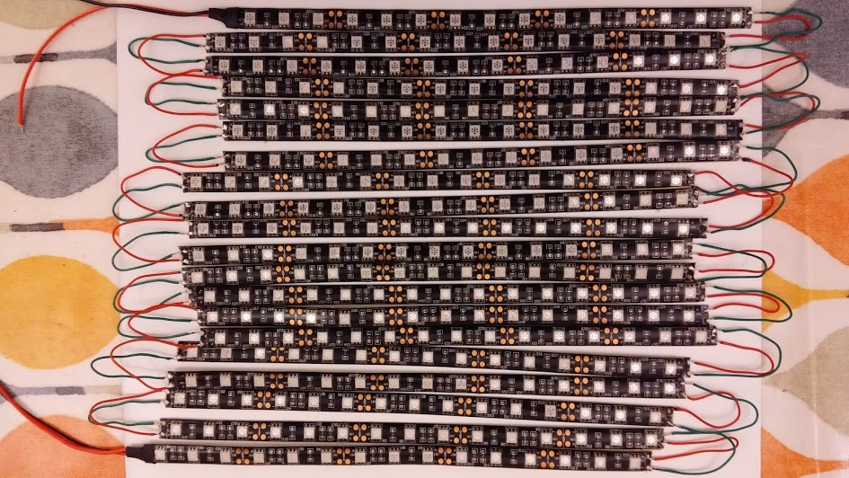 All 20 strips with connecting wires soldered on. Mistakenly all 20 strips are in series. This was later resoldered to put them in parallel